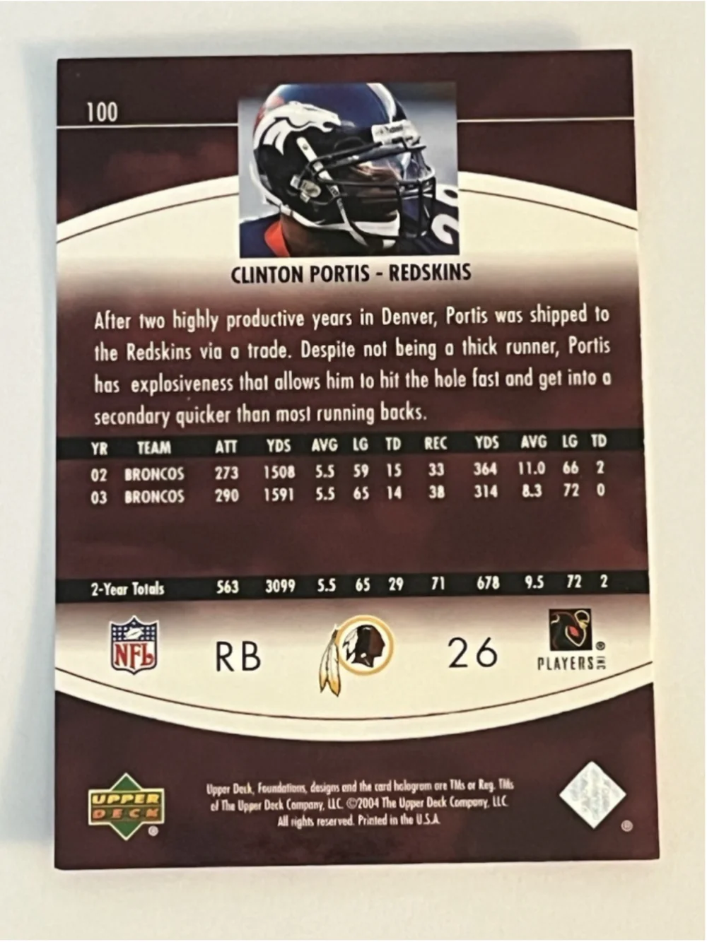 Clinton Portis 2004 Upper Deck Foundations Exclusive #100 Redskins Football Card
